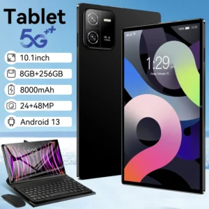 10.1-inch tablet featuring a sleek black design and specifications displayed on the screen.