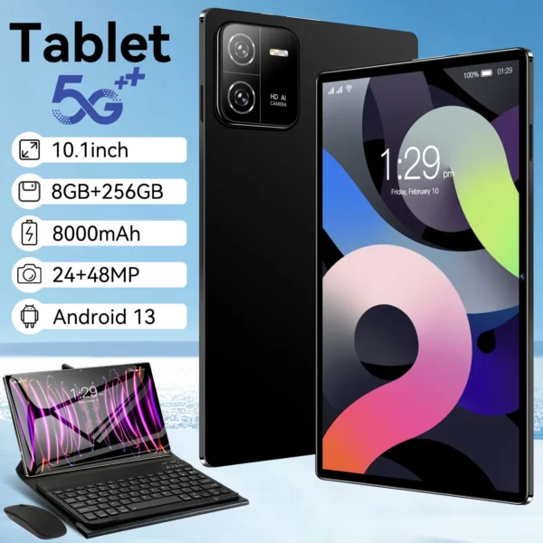 10.1-inch tablet featuring a sleek black design and specifications displayed on the screen.