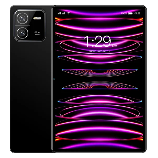 Black smartphone displaying an abstract design on its screen with digital clock and battery indicator.