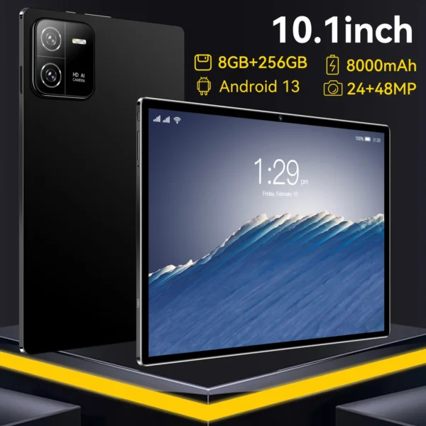 10.1 inch tablet featuring a black design, displaying a mountain landscape on the screen.