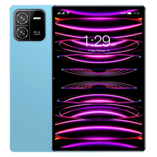 Light blue smartphone displaying an abstract wallpaper with purple and pink lines on the screen.