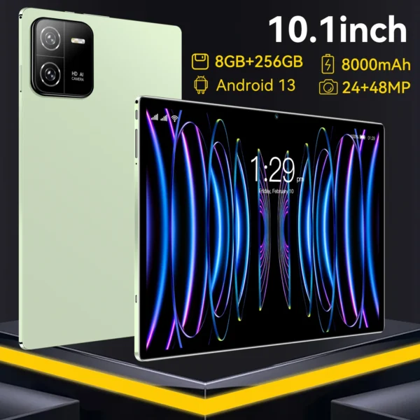 10.1 inch tablet featuring a green back, dual cameras, and a vibrant display with colorful graphics.