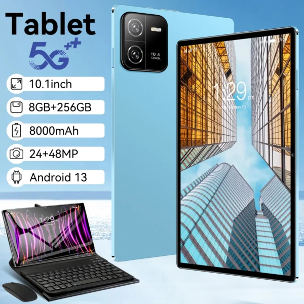 Blue 10.1 inch tablet displaying a cityscape on its screen with a keyboard accessory.