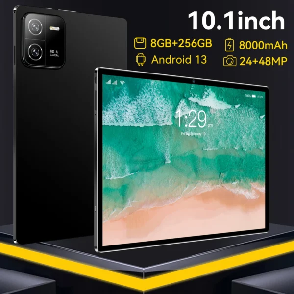 10.1-inch Android tablet featuring a black back, dual cameras, and a colorful display screen.