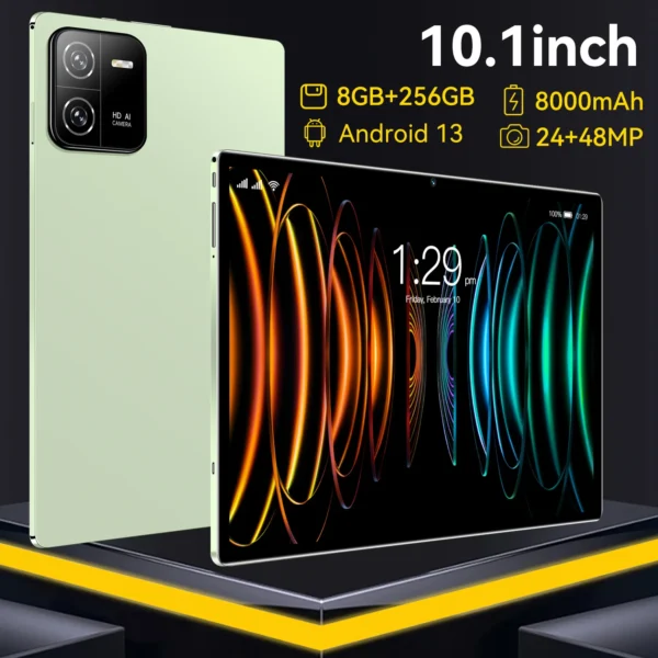10.1 inch tablet featuring dual cameras, 8GB RAM, 256GB storage, and Android 13 operating system.